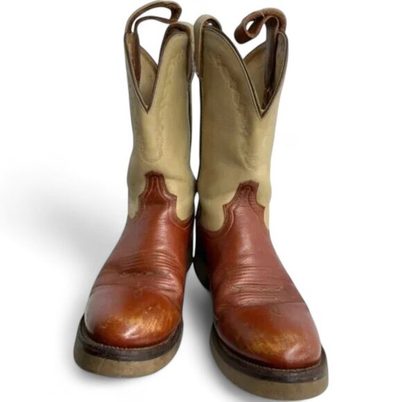 Old West Ivory Brown Long Straps Leather Western Cowboy Work Boots Men's 10 D - Picture 3 of 12